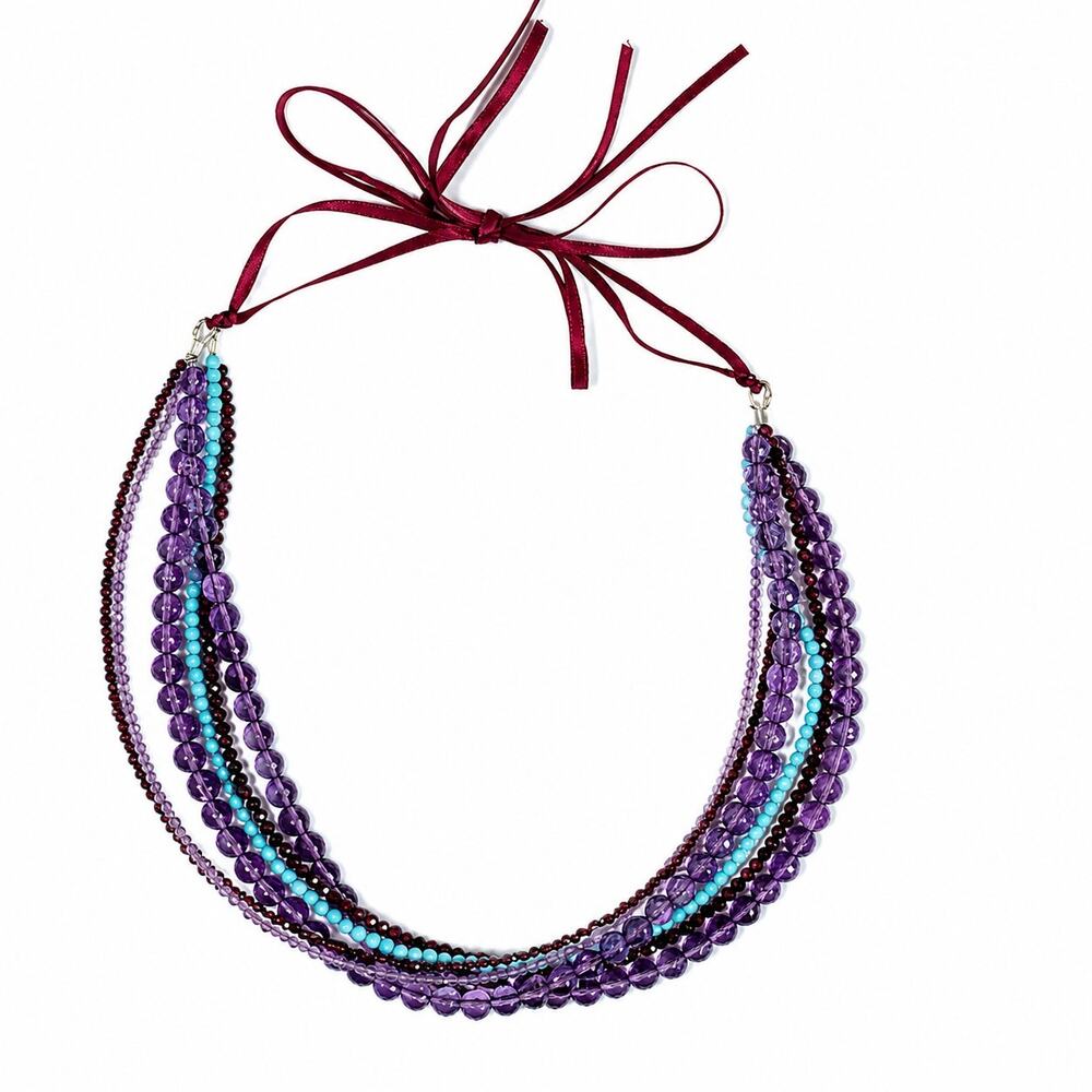 Artisan 6 Strand Garnet Amethyst Turquoise Necklace Sterling Silver Adjustable